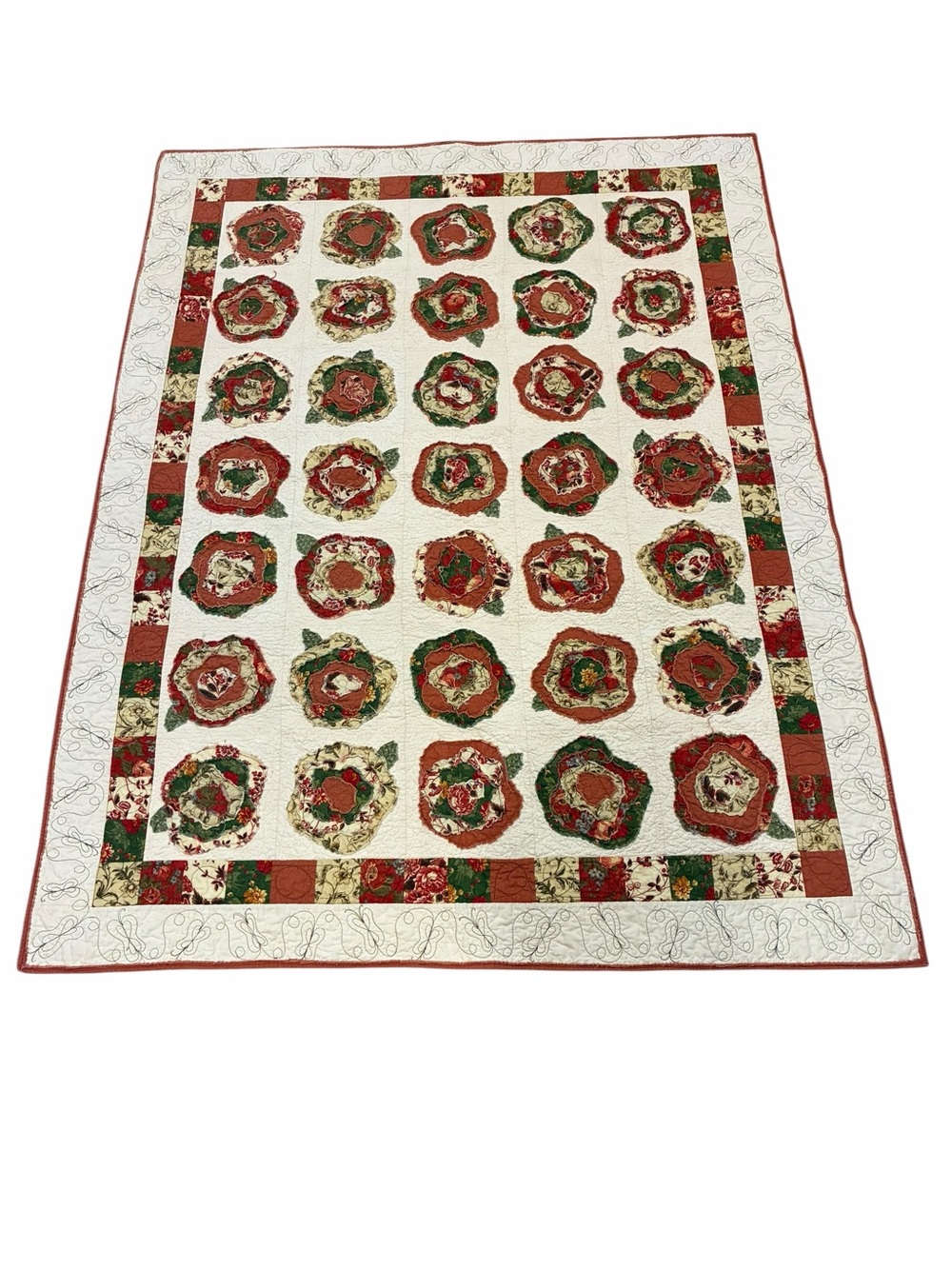 55x72" "French Roses" raw edge applique flowers designed to fray and fluff